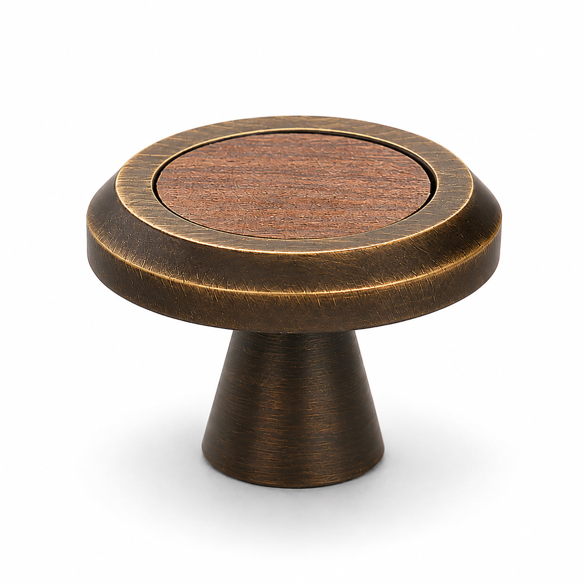 Round antique bronze brass cabinet knob with dark wood inset, style #12.