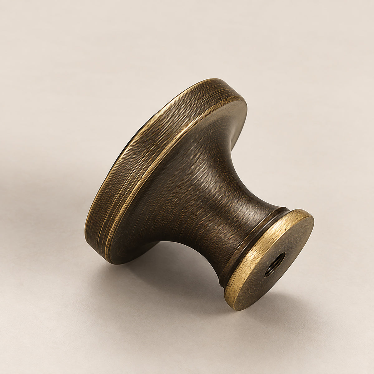 Side and mounting view of flared antique bronze brass cabinet knob with round dark wood inset, style #13.