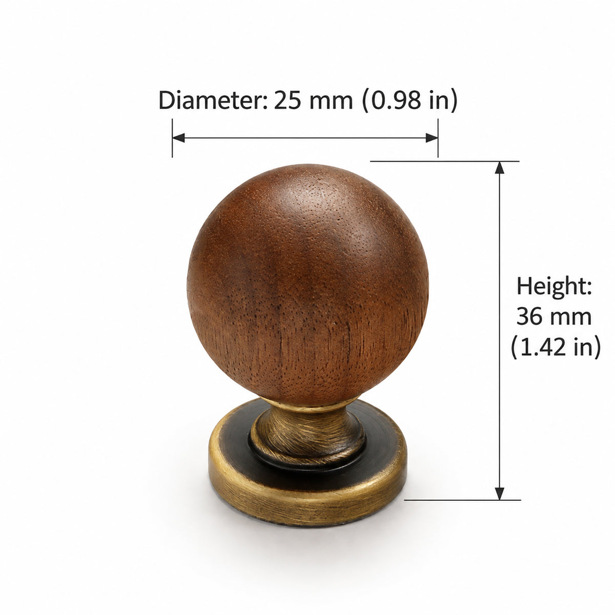 Measurements for walnut wood ball cabinet knob with brushed bronze brass base, style #14 (25 mm option).
