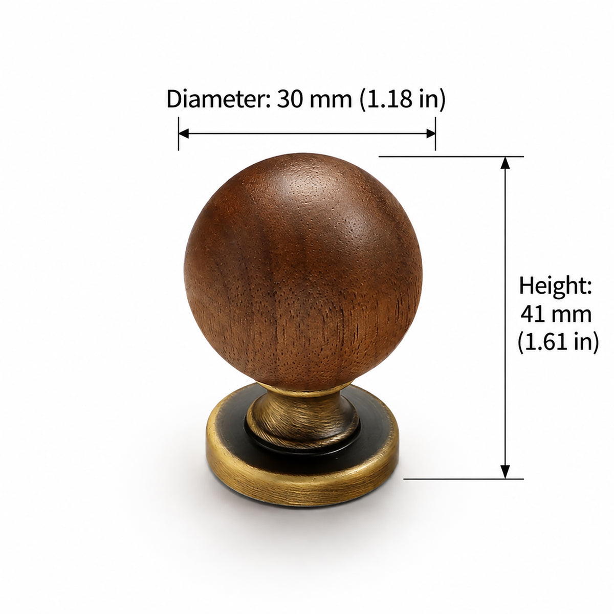 Measurements for walnut wood ball cabinet knob with brushed bronze brass base, style #14 (30 mm option).