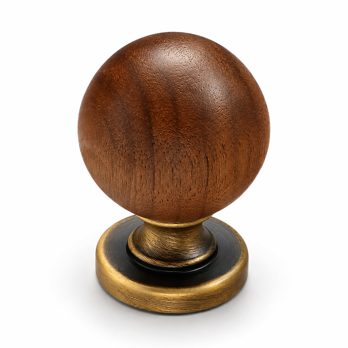 Walnut wood ball cabinet knob with brushed bronze brass base, style #14 (30 mm option).
