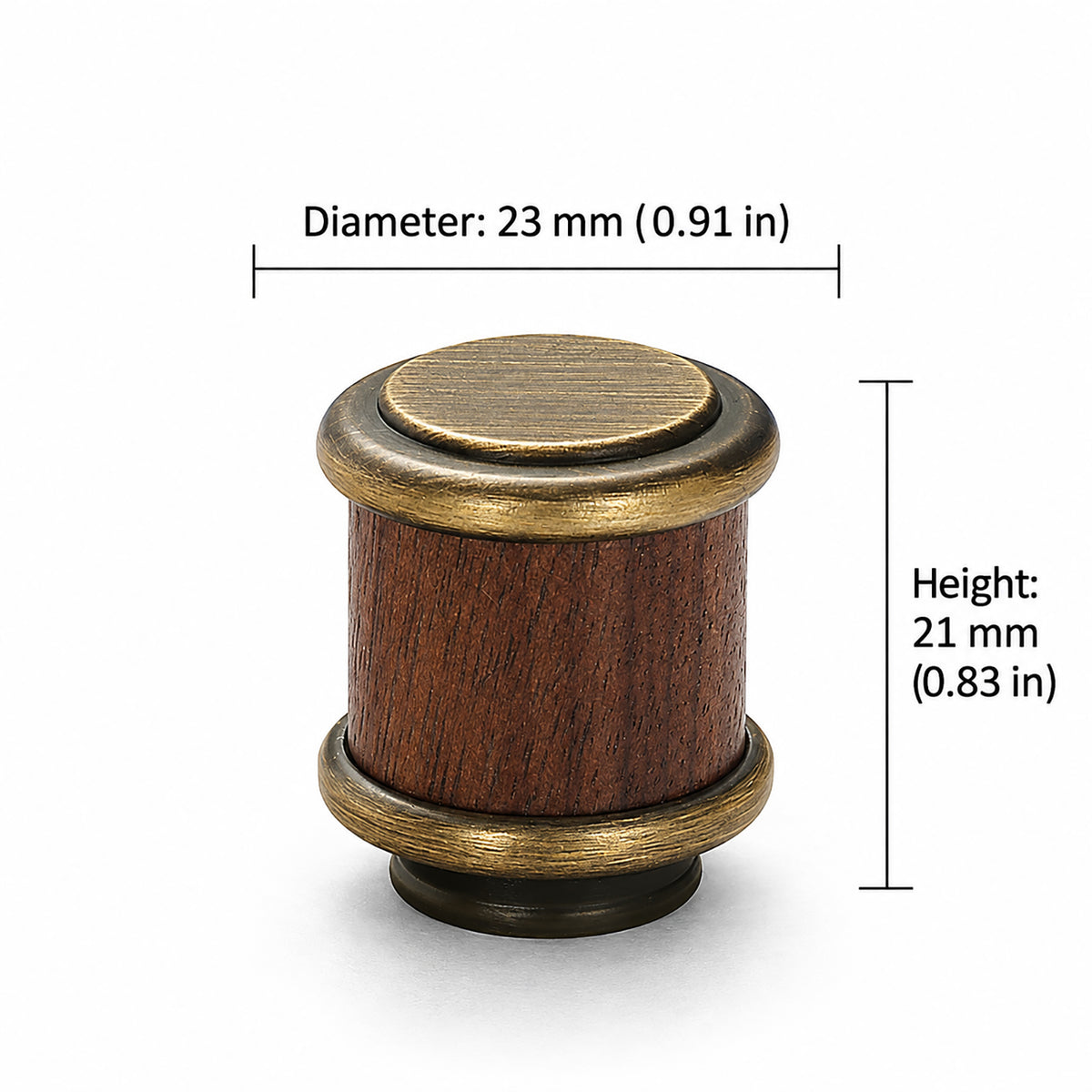 Measurements for cylindrical dark wood cabinet knob with antique bronze brass base and cap, style #14.