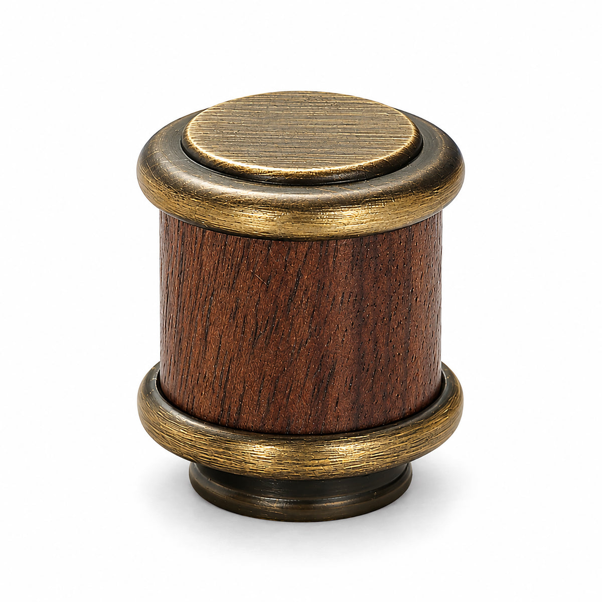 Cylindrical dark wood cabinet knob with antique bronze brass base and cap, style #14.