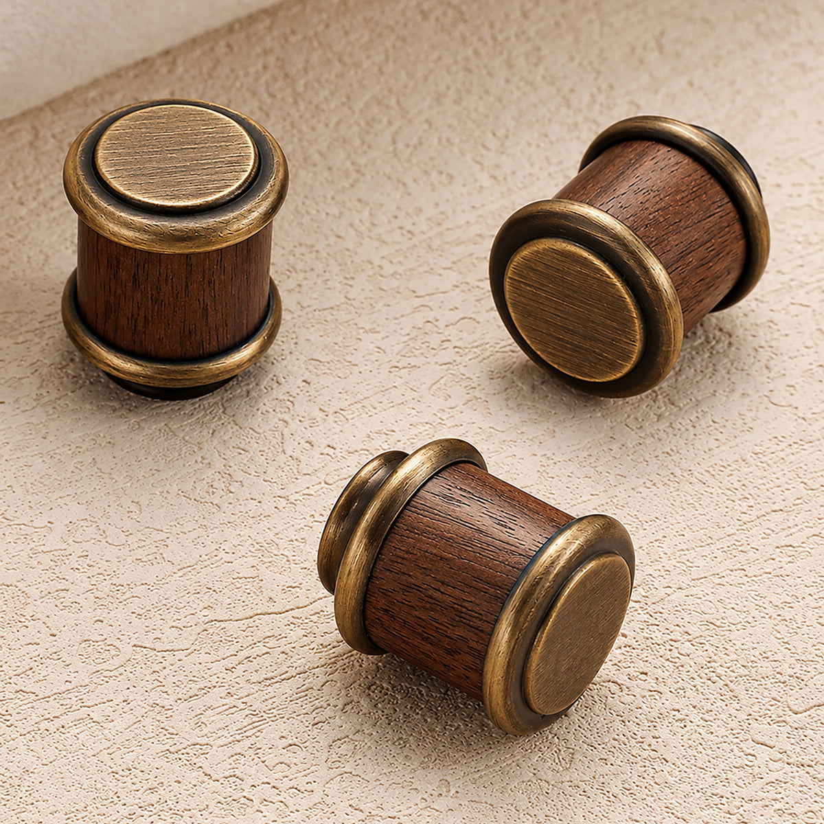 Side and mounting view of cylindrical dark wood cabinet knob with antique bronze brass base and cap, style #14.
