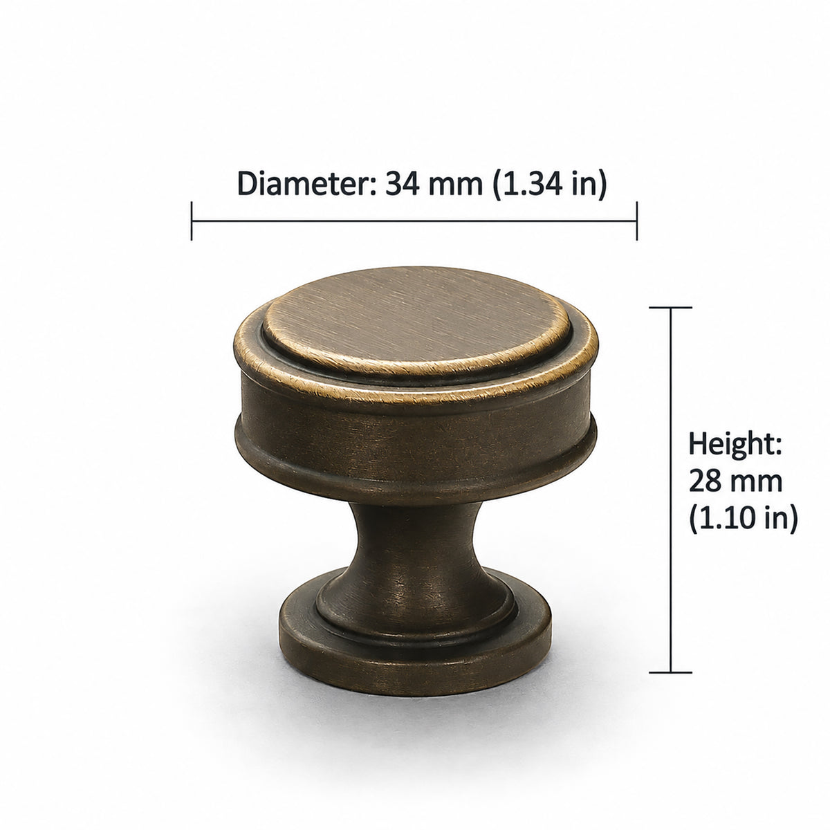 Measurements for tiered round antique bronze brass cabinet knob, style #15.