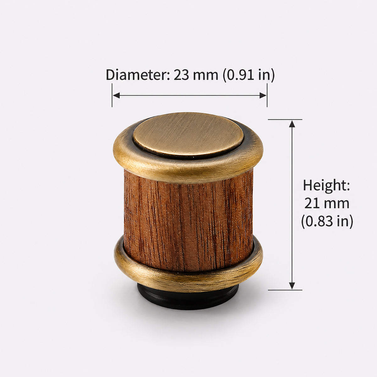 Measurements for walnut wood cylindrical cabinet knob with brushed bronze brass base, style #15.
