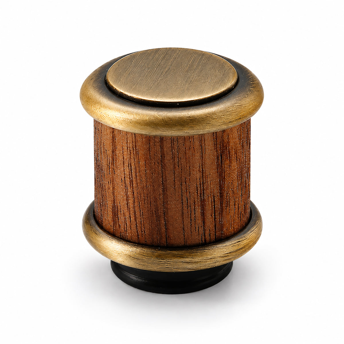 Walnut wood cylindrical cabinet knob with brushed bronze brass base, style #15.