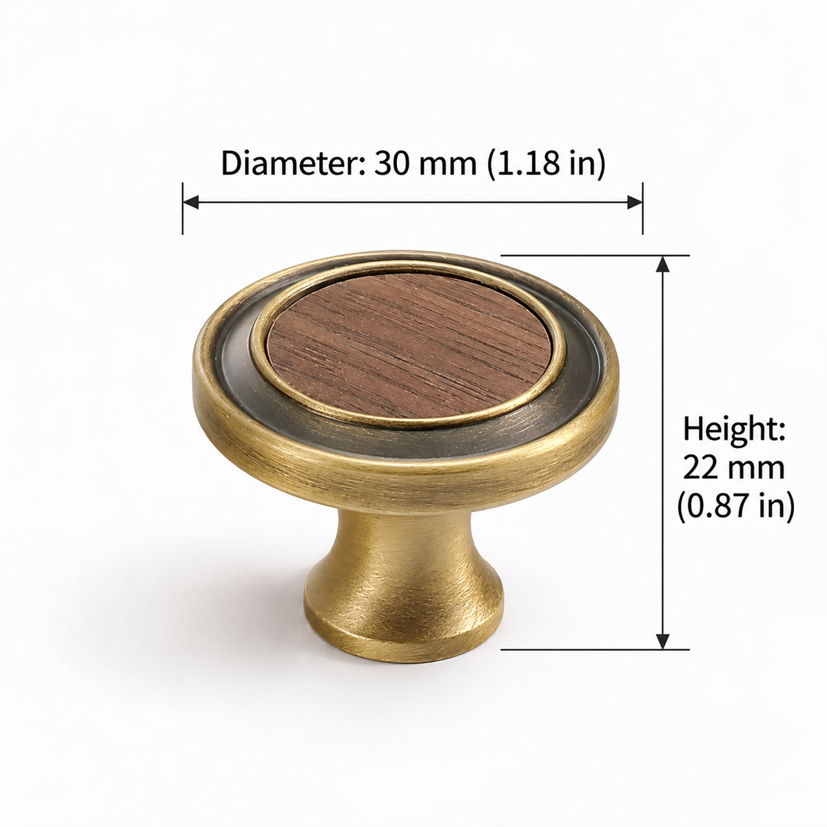 Measurements for flat round brass cabinet knob with dark wood inset, style #16 (22 mm).
