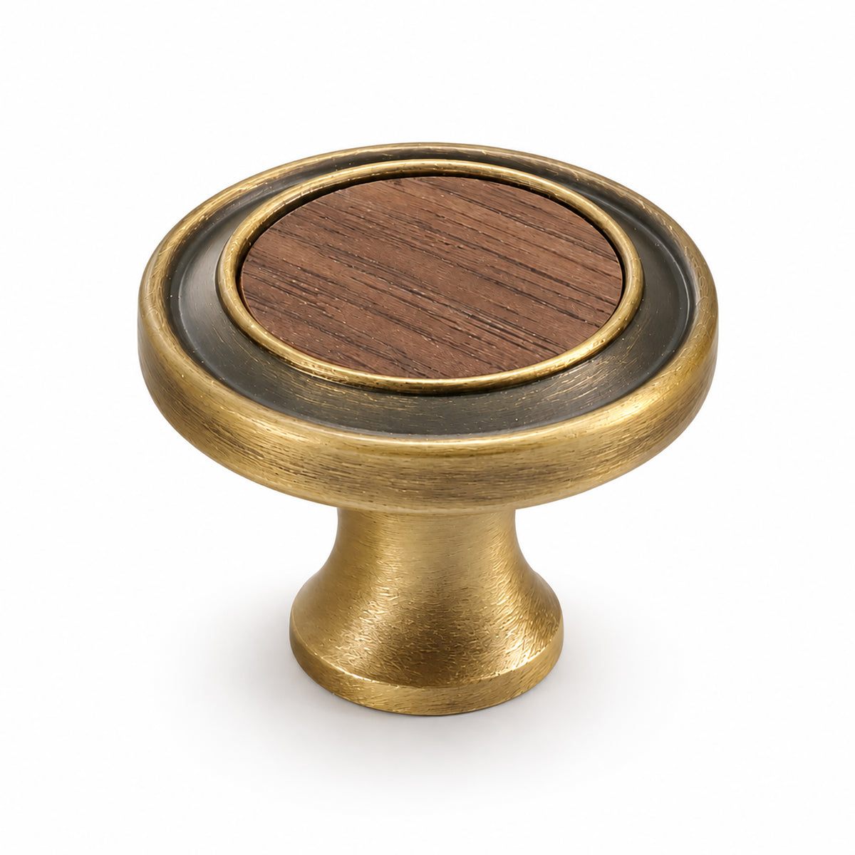 Flat round brass cabinet knob with dark wood inset, style #16 (22 mm).