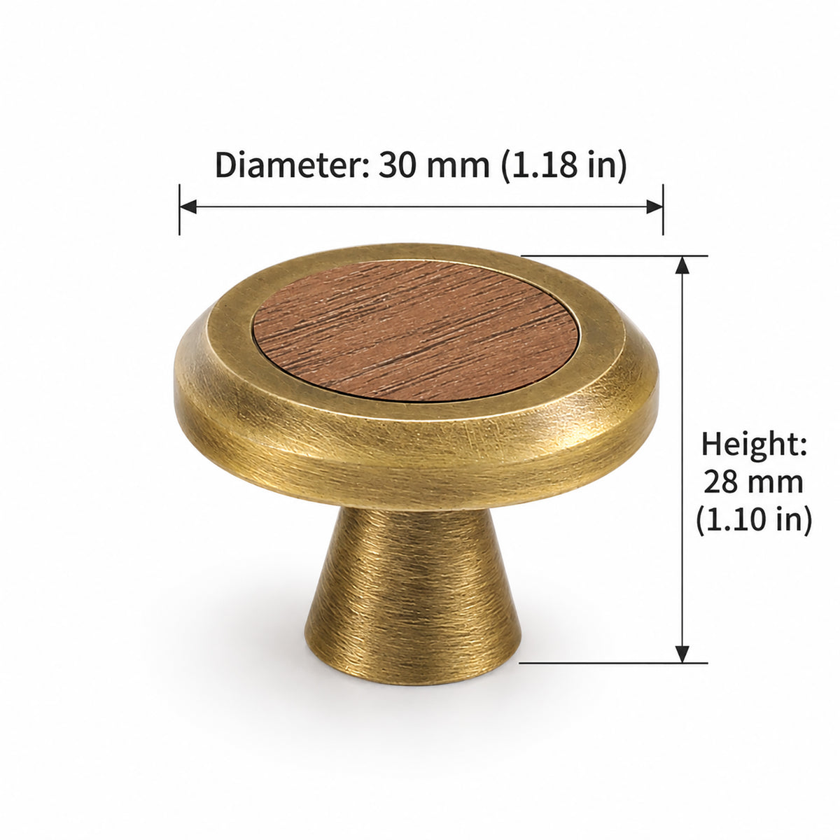 Measurements for flat round brass cabinet knob with dark wood inset, style #16 (28 mm).