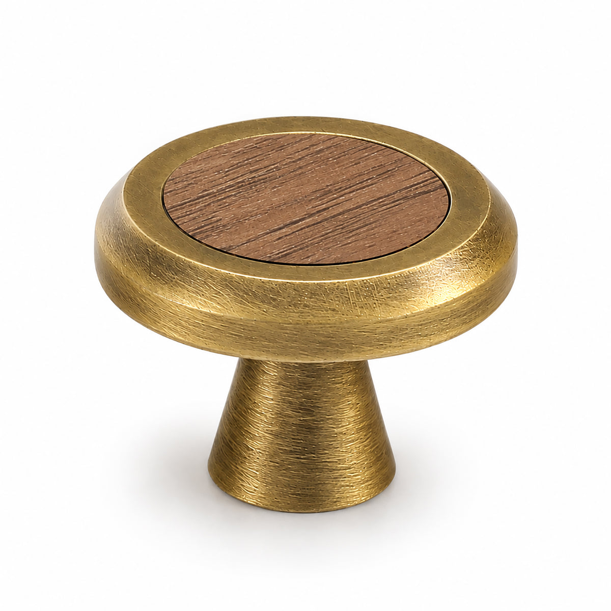 Flat round brass cabinet knob with dark wood inset, style #16 (28 mm).