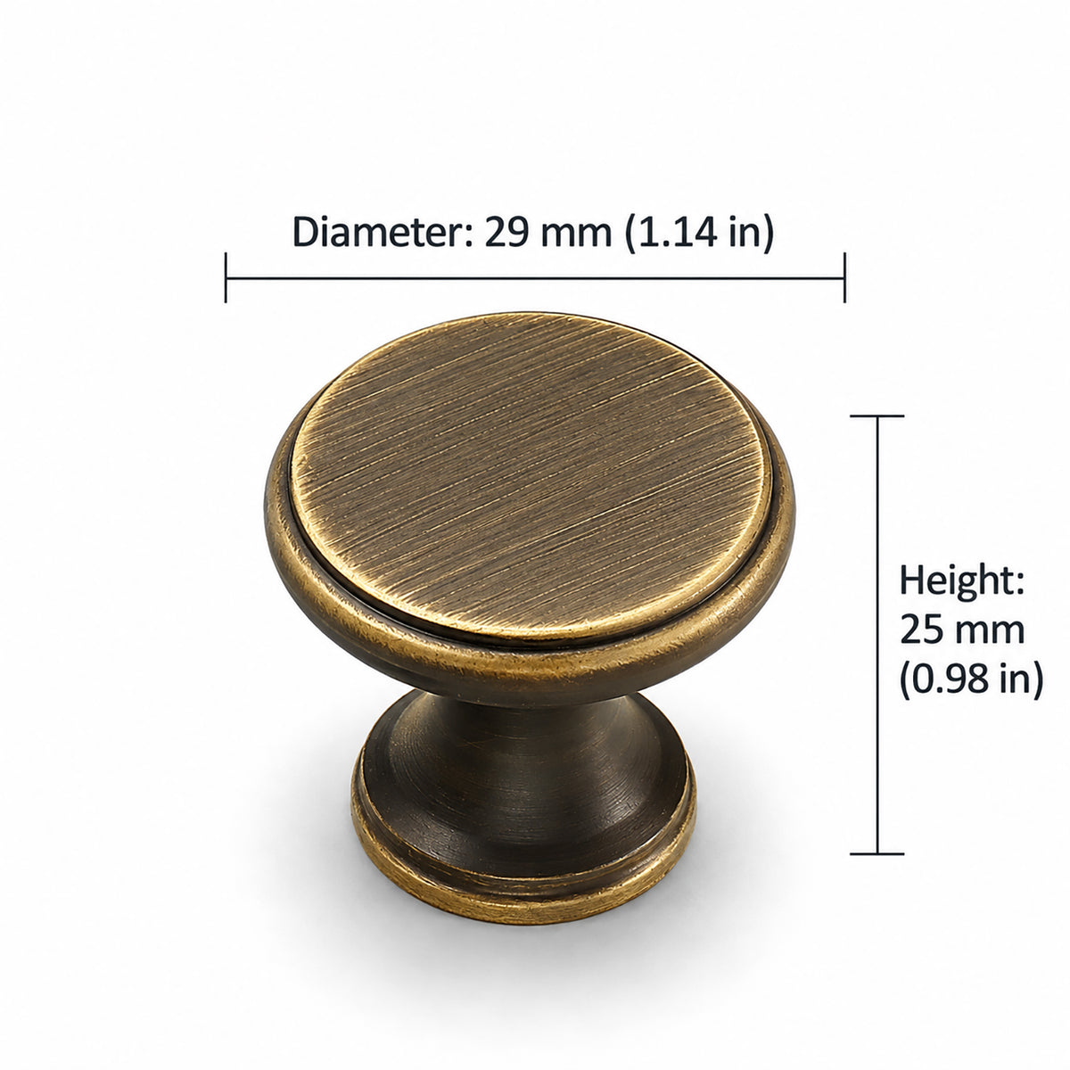 Measurements for flat round antique bronze brass cabinet knob, style #16.