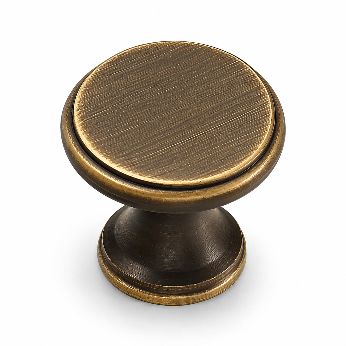 Flat round antique bronze brass cabinet knob, style #16.
