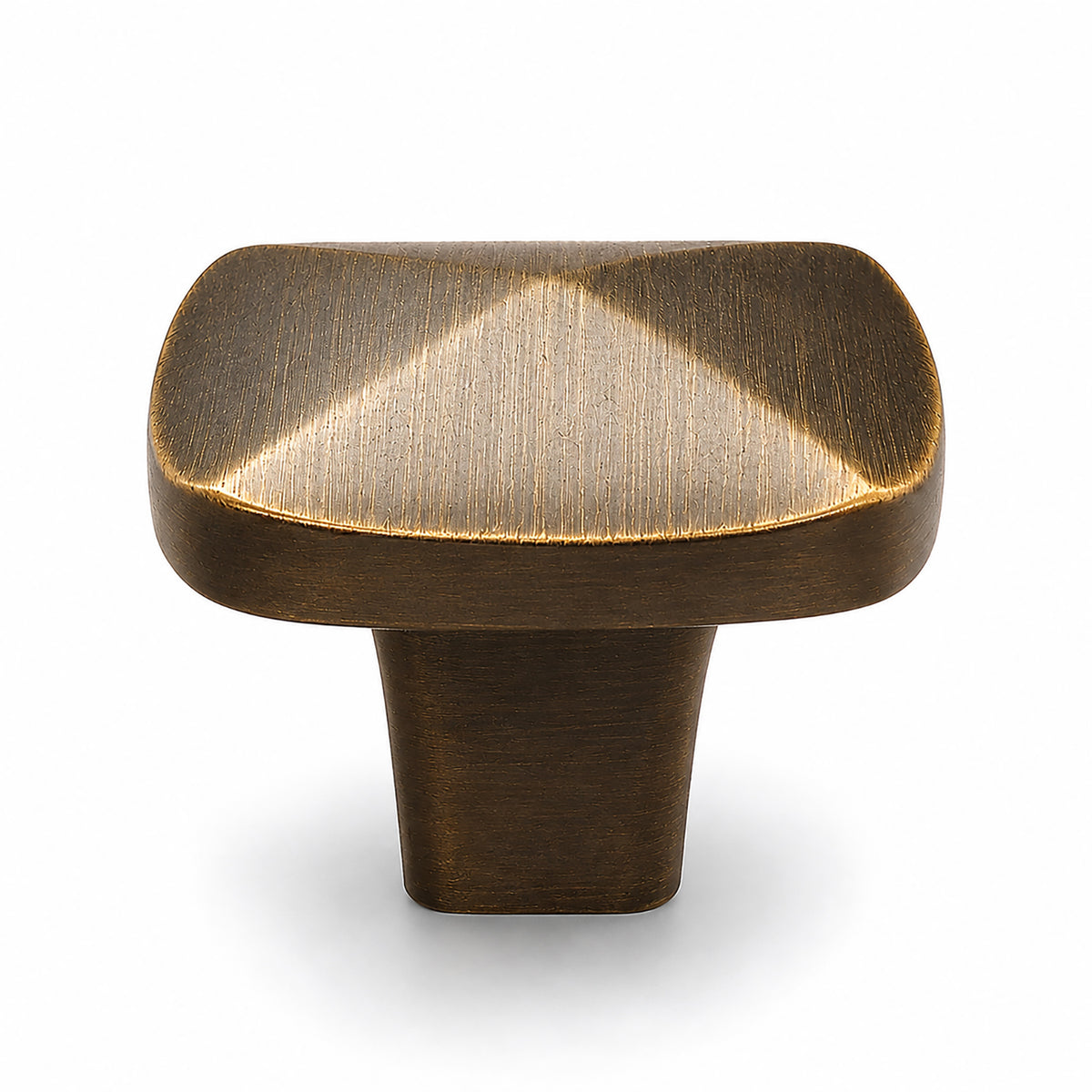 Softly squared antique bronze brass cabinet knob, style #17.