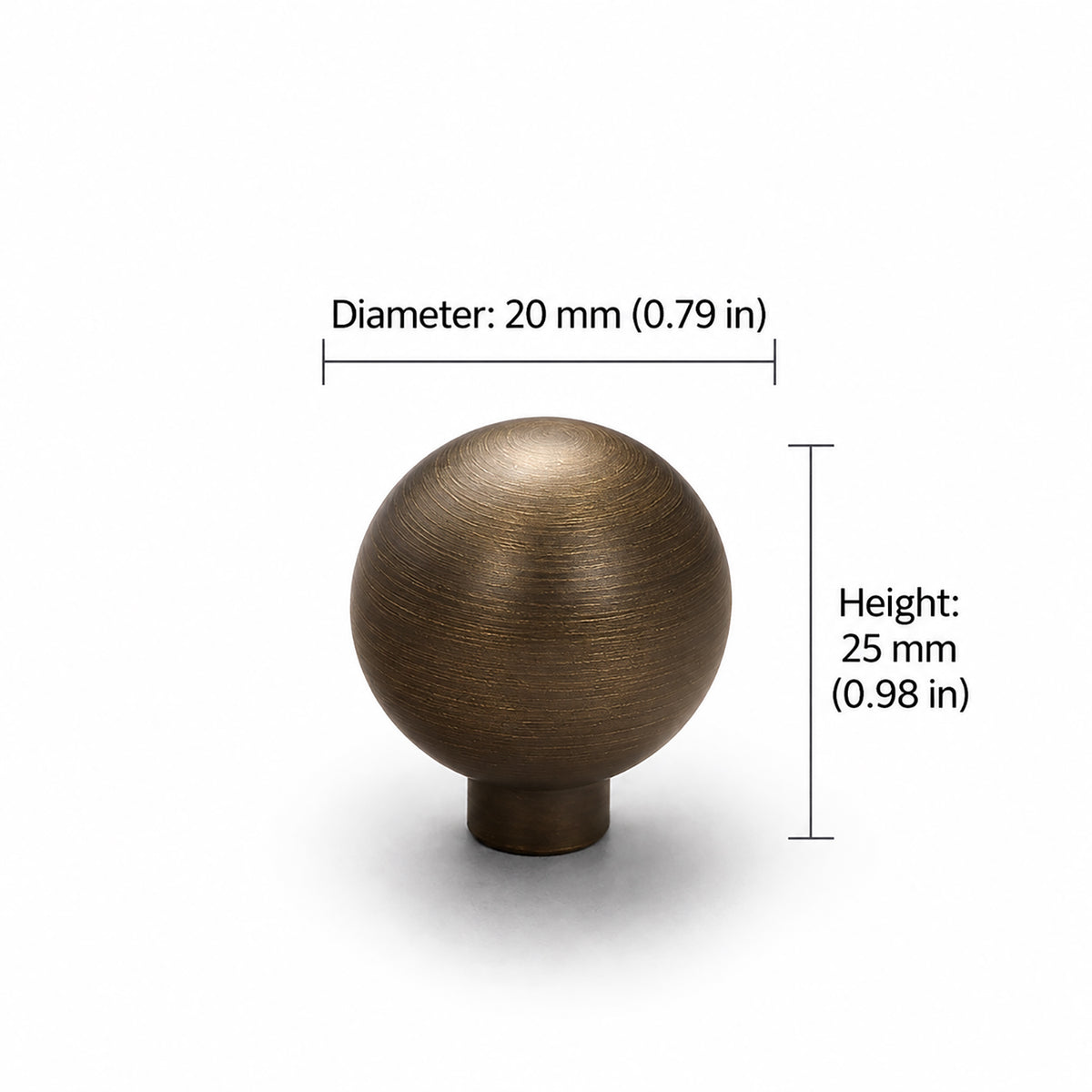 Measurements for bronze-finish solid brass round cabinet knob, style #2 (20 mm).
