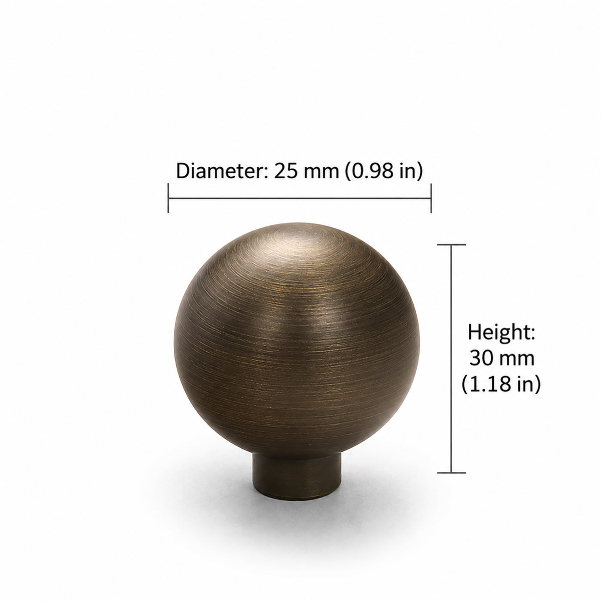 Measurements for bronze-finish solid brass round cabinet knob, style #2 (25 mm).