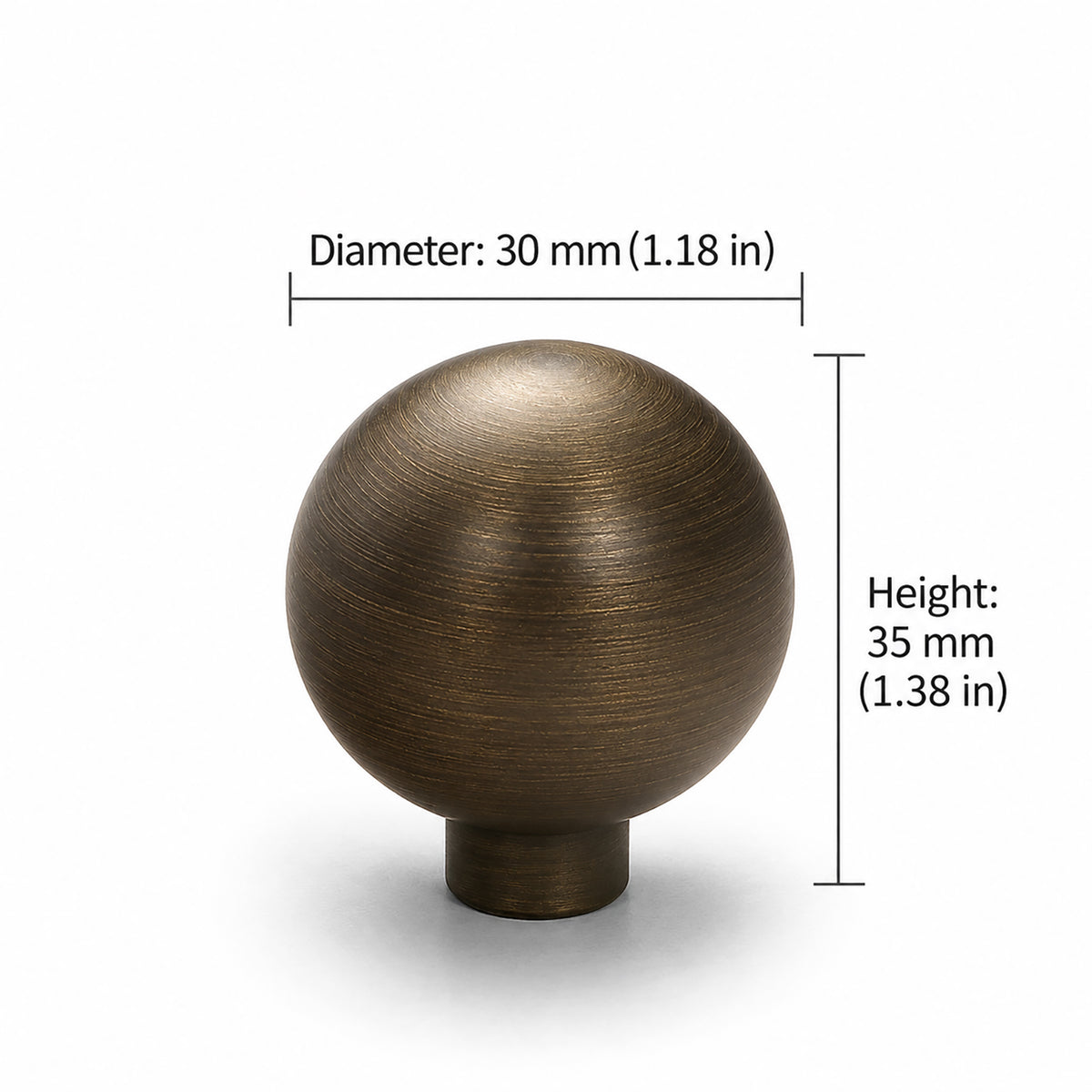 Measurements for bronze-finish solid brass round cabinet knob, style #2 (30 mm).