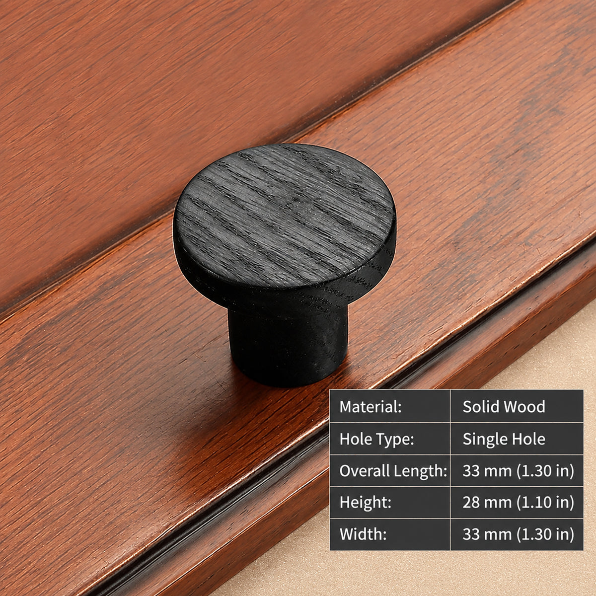 Measurements for flat round black oak cabinet knob, style #2 (33 mm).