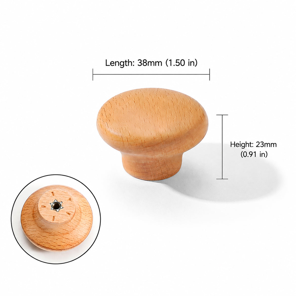 Measurements for light wood mushroom cabinet knob with a rounded top, style #2 (38 mm).