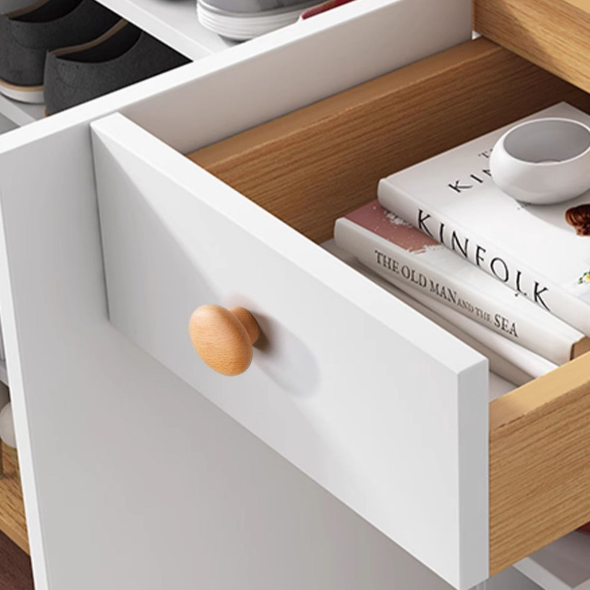 In-use view of light wood mushroom cabinet knob with a rounded top, style #2 (38 mm).