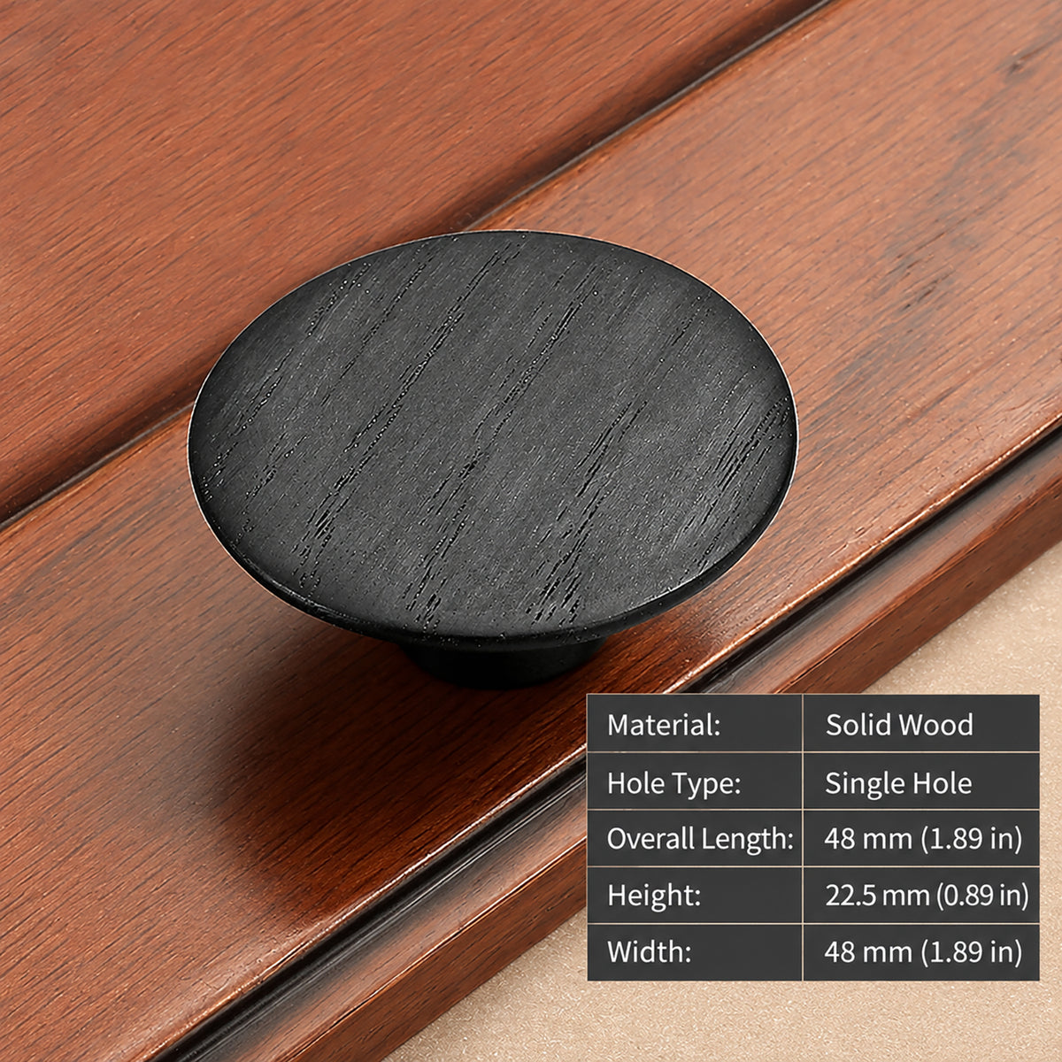 Measurements for flat round black oak cabinet knob, style #2 (48 mm).