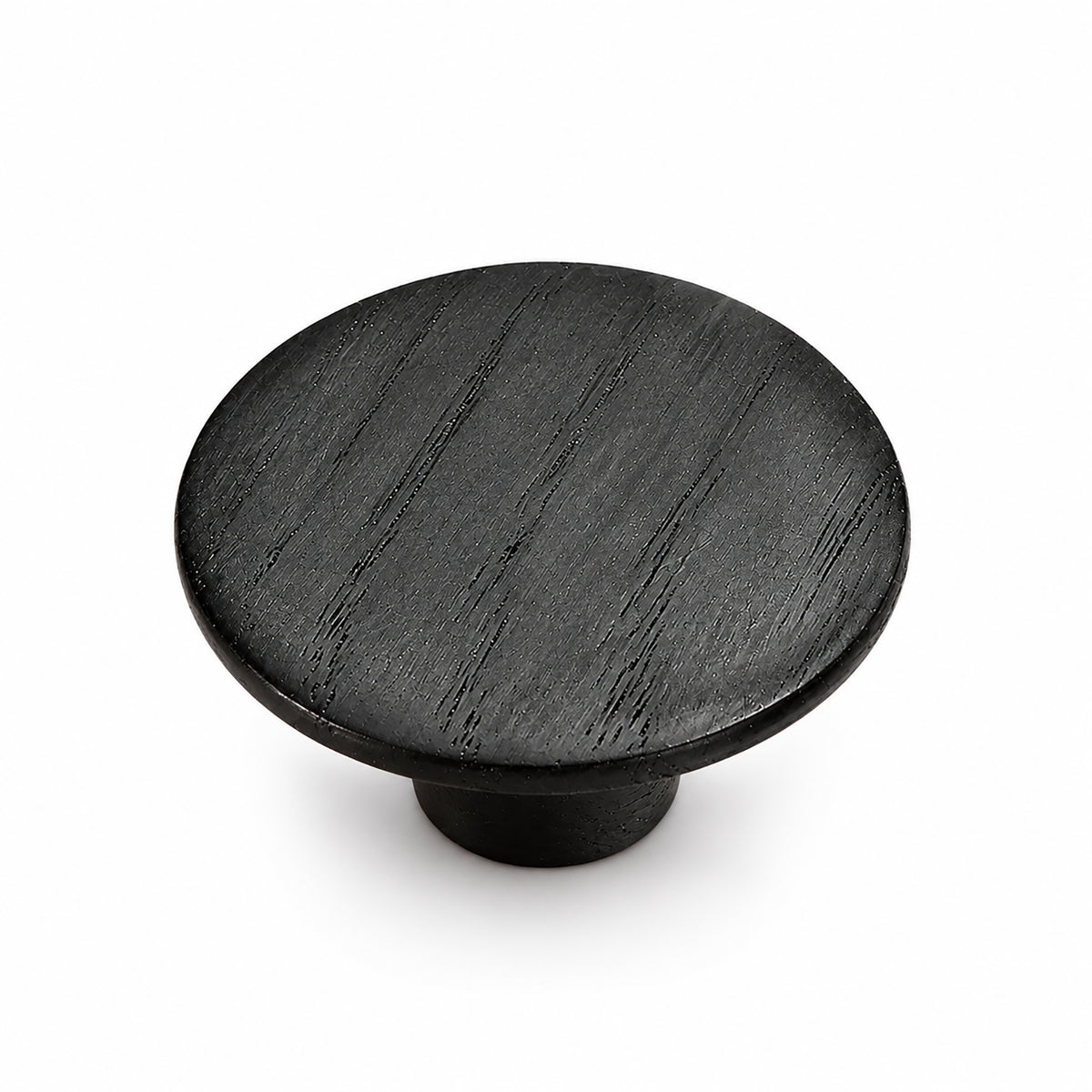 Flat round black oak cabinet knob, style #2 (48 mm).