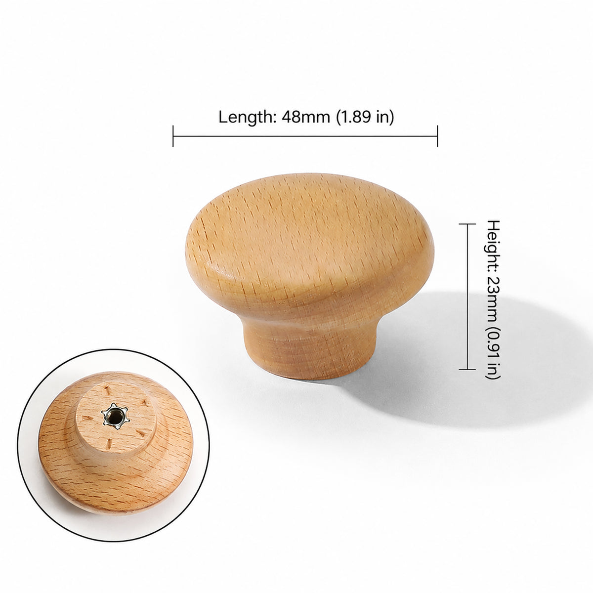 Measurements for light wood mushroom cabinet knob with a rounded top, style #2 (48 mm).