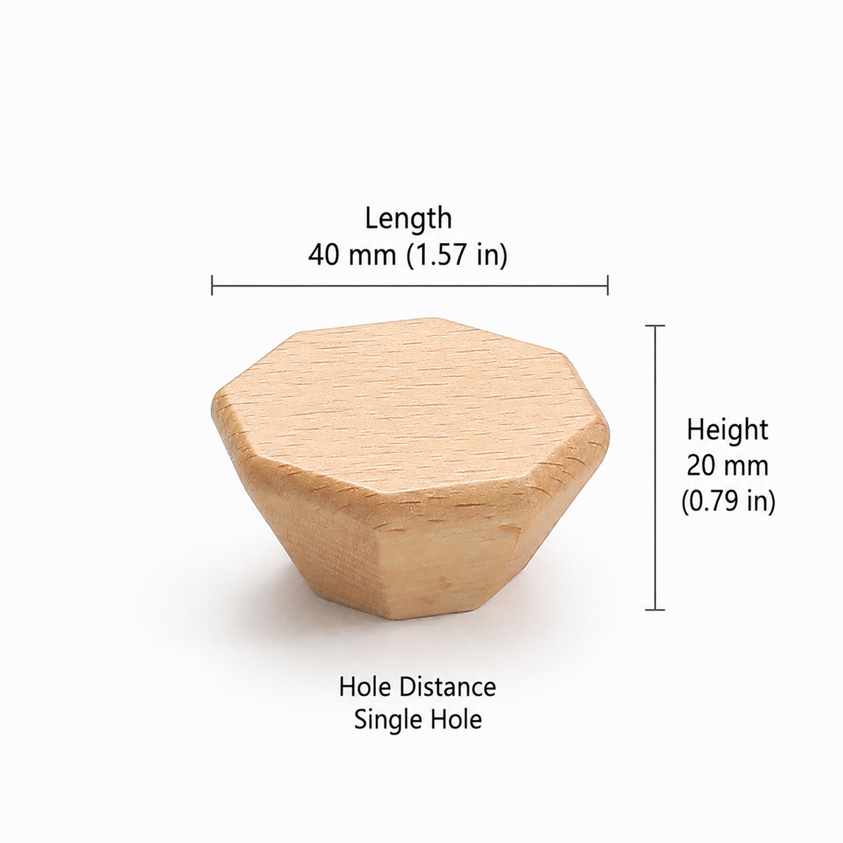 Measurements for faceted octagonal beech cabinet knob, style #2 (40 mm option).