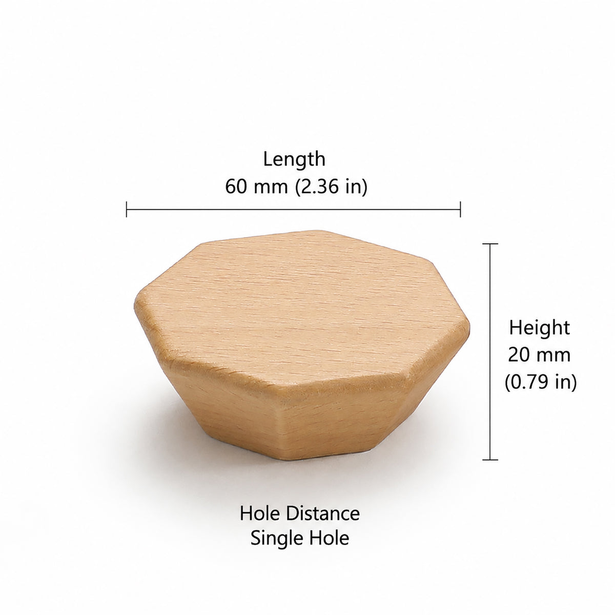 Measurements for faceted octagonal beech cabinet knob, style #2 (60 mm option).