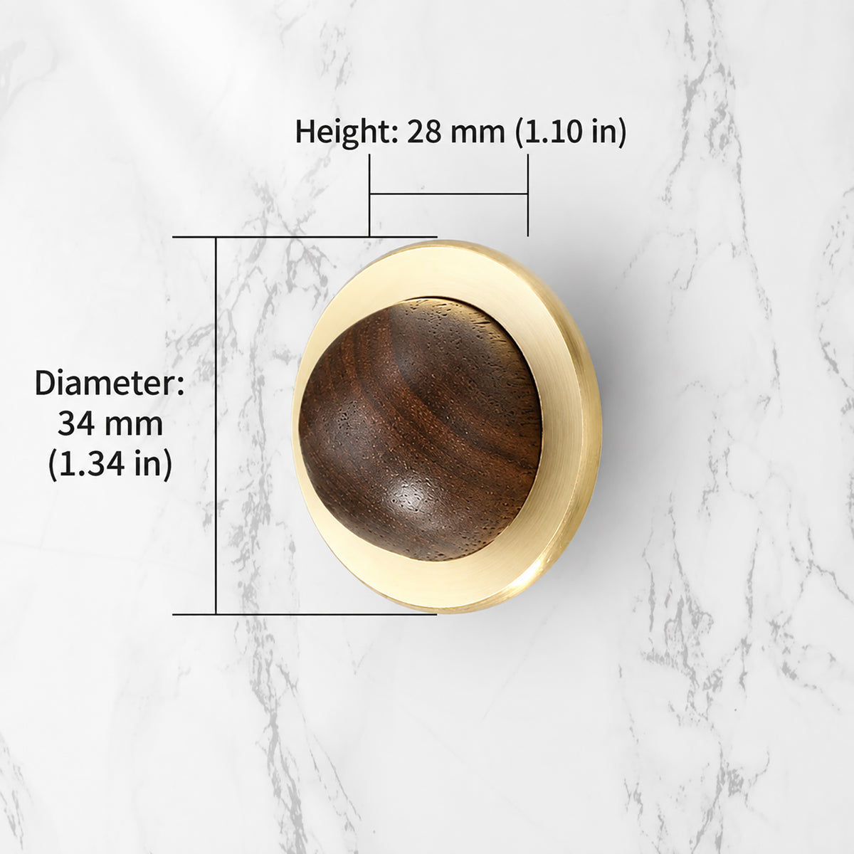 Measurements for brass half-dome cabinet knob with a dark wood inset, style #2.