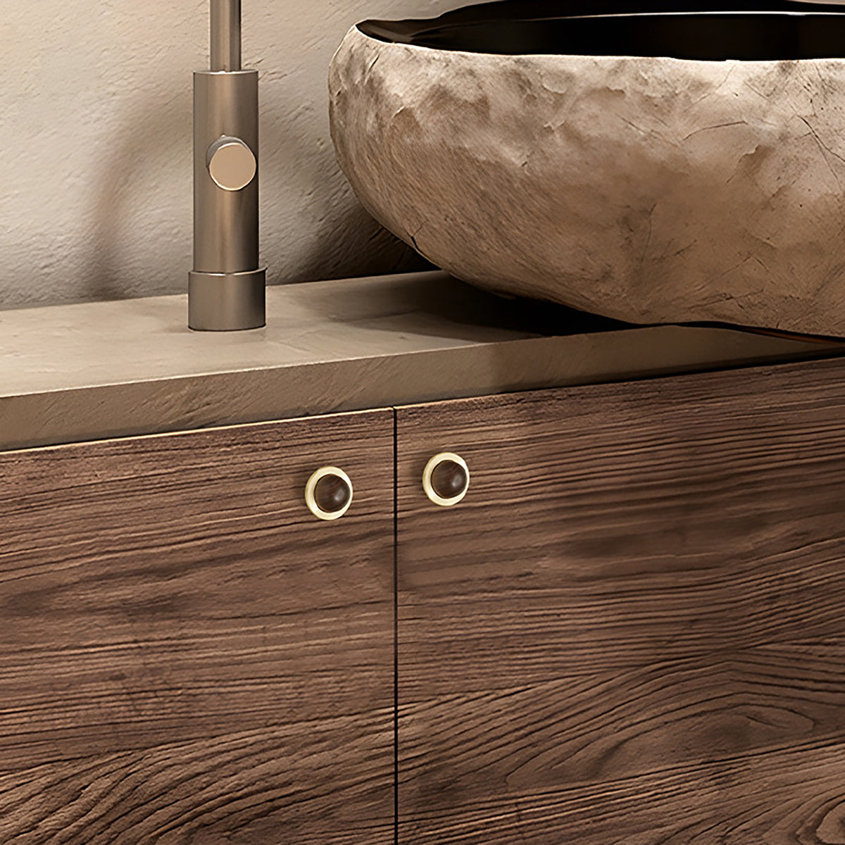In-use view of brass half-dome cabinet knob with a dark wood inset, style #2.