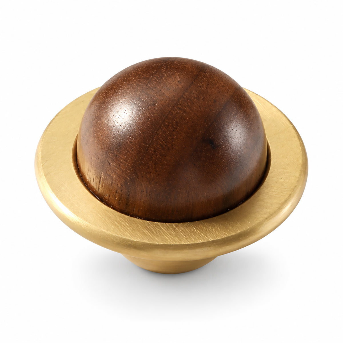Side and mounting view of brass half-dome cabinet knob with a dark wood inset, style #2.