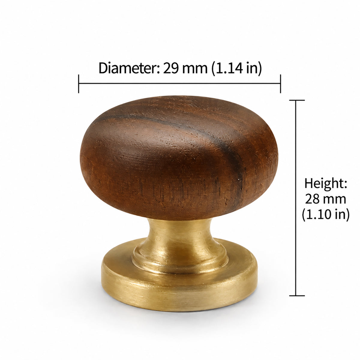Measurements for rounded dark wood cabinet knob on a brass pedestal, style #2.
