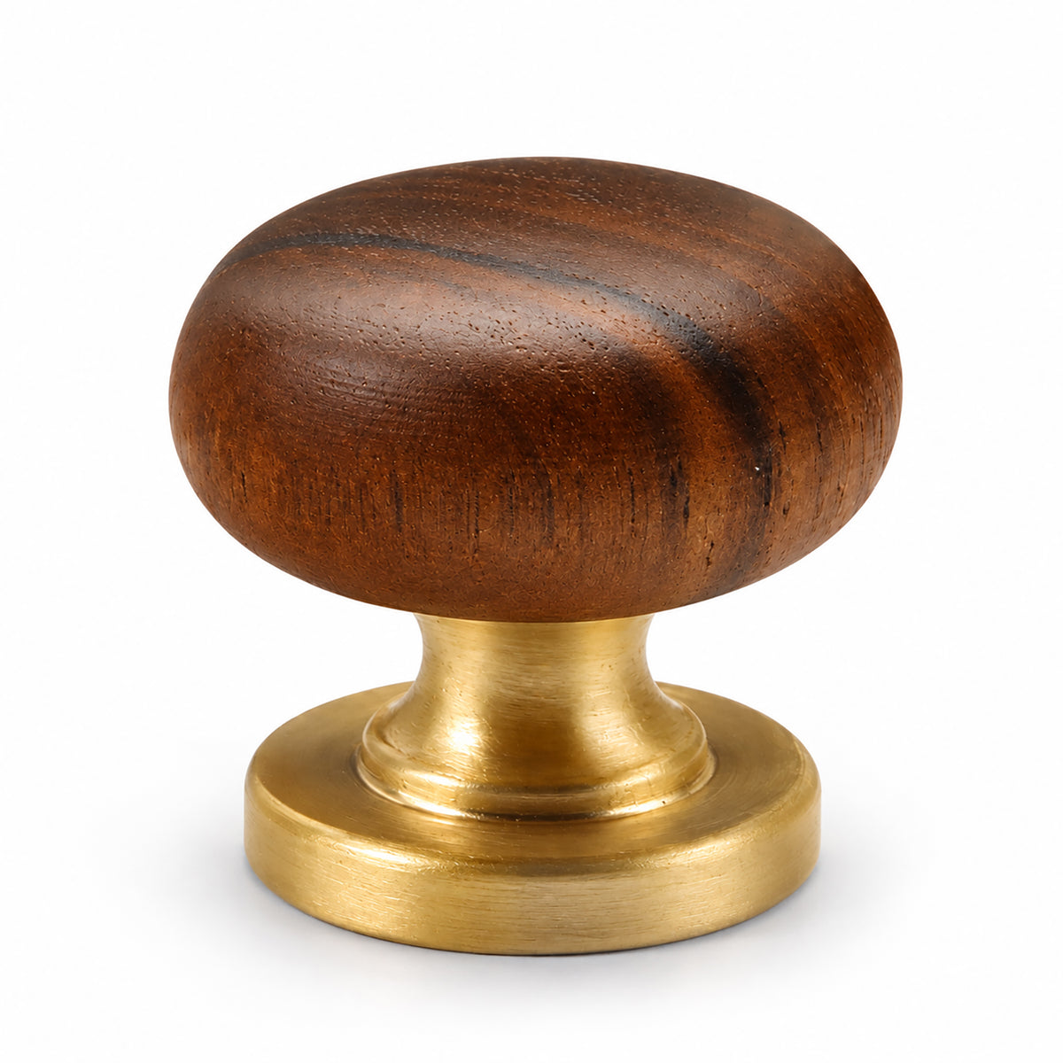 Rounded dark wood cabinet knob on a brass pedestal, style #2.