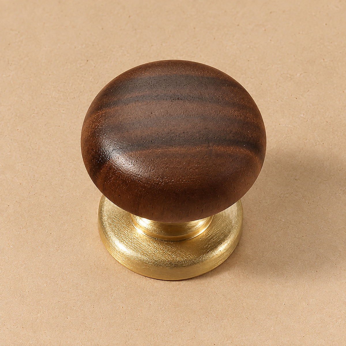 Side and mounting view of rounded dark wood cabinet knob on a brass pedestal, style #2.