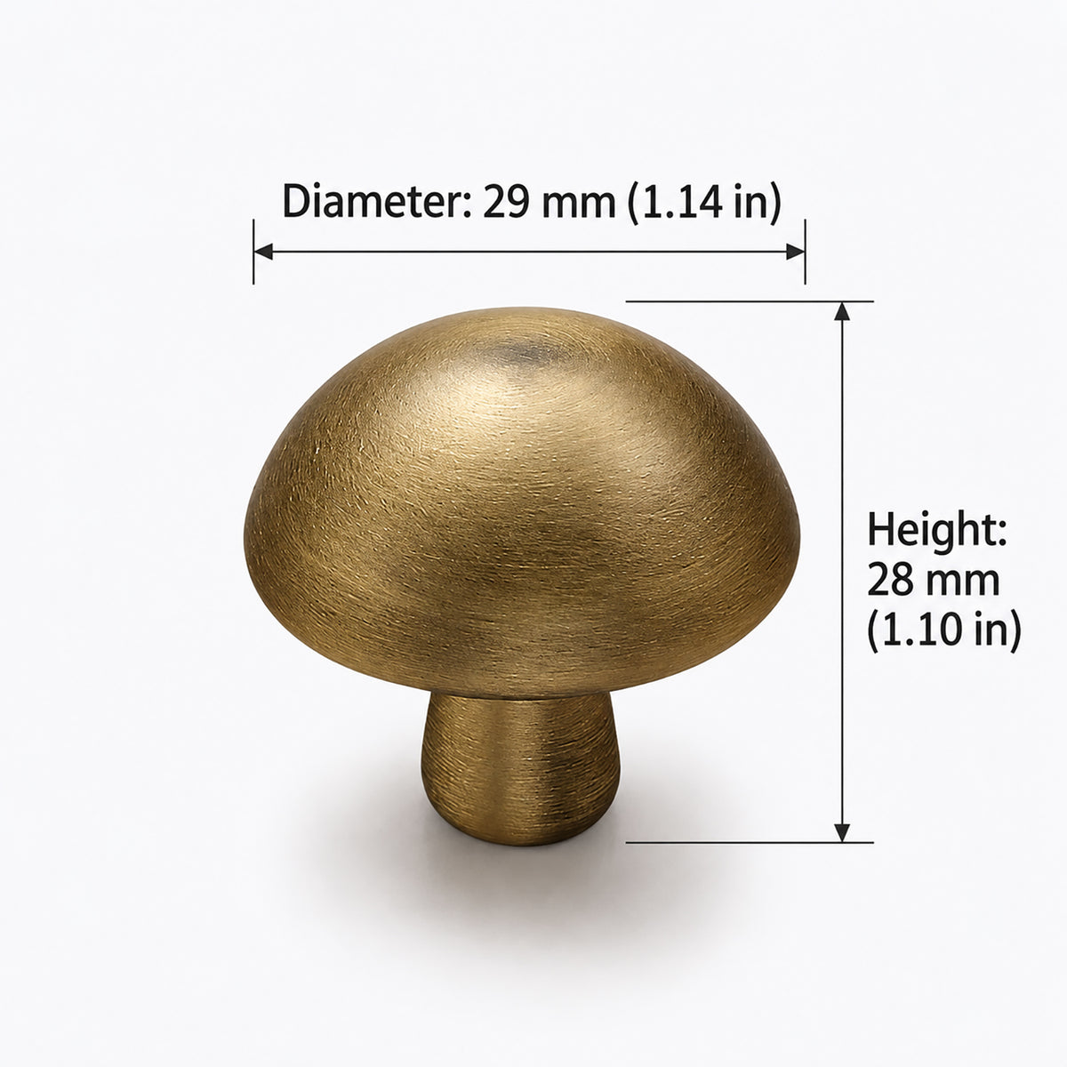 Measurements for smooth domed brass cabinet knob with brushed bronze finish, style #2.