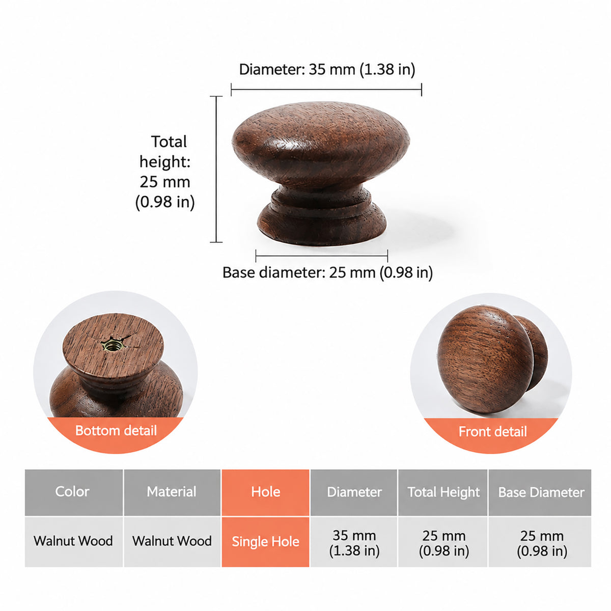 Measurements for turned walnut wood cabinet knob with a stepped round base, style #2.