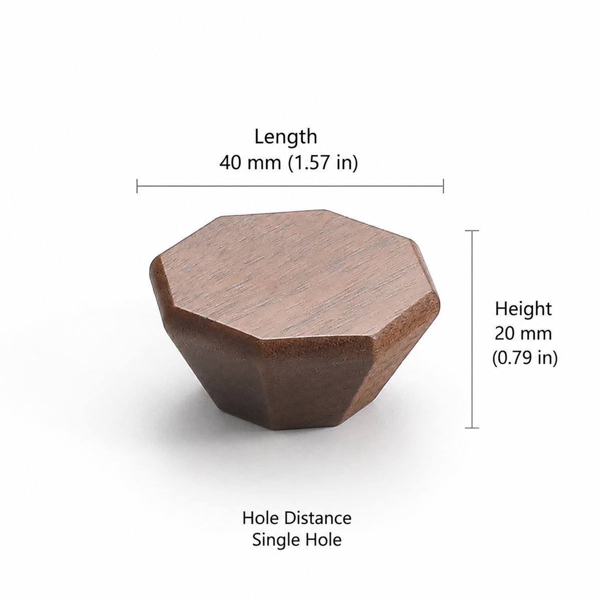 Measurements for faceted octagonal walnut cabinet knob, style #2 (40 mm option).