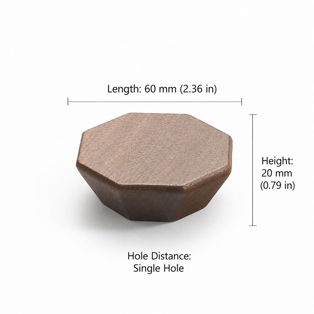 Measurements for faceted octagonal walnut cabinet knob, style #2 (60 mm option).