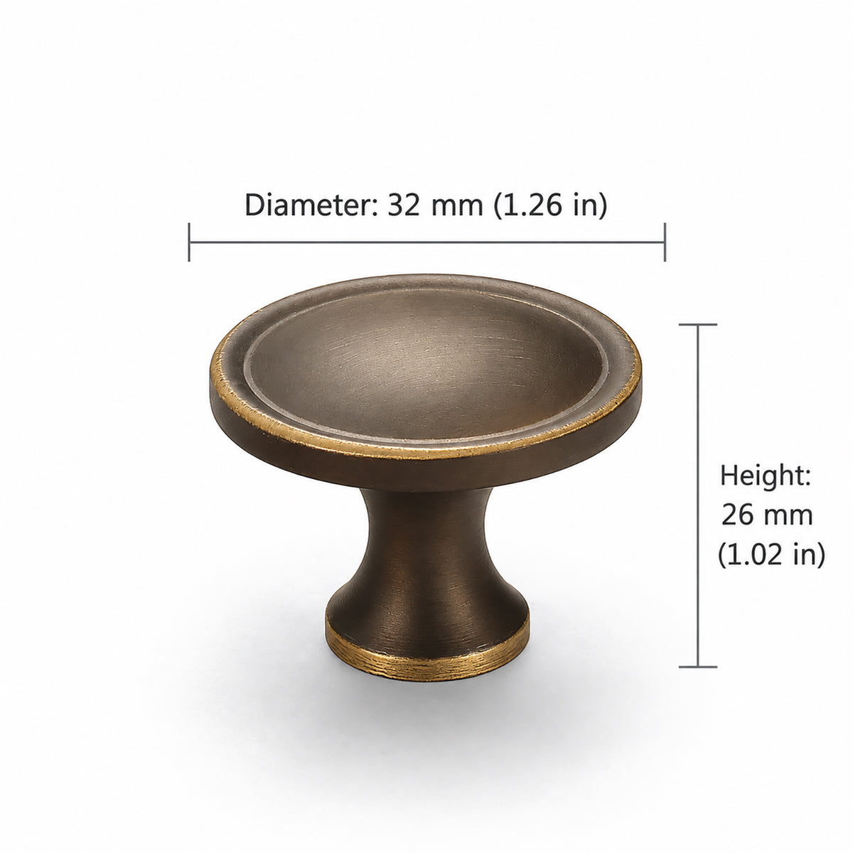 Measurements for shallow cupped antique bronze brass cabinet knob, style #20.