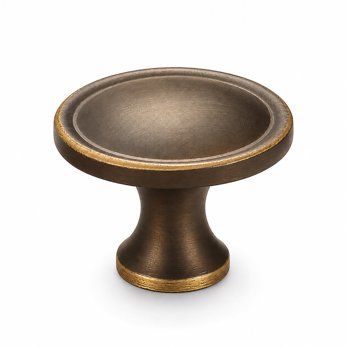 Shallow cupped antique bronze brass cabinet knob, style #20.