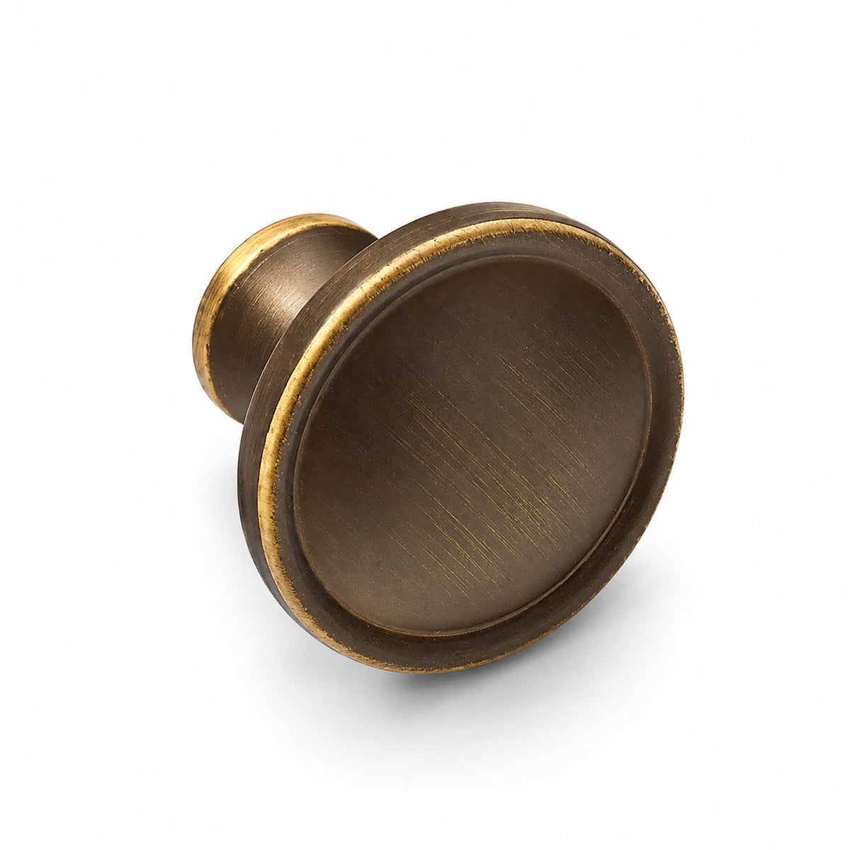 Side and mounting view of shallow cupped antique bronze brass cabinet knob, style #20.