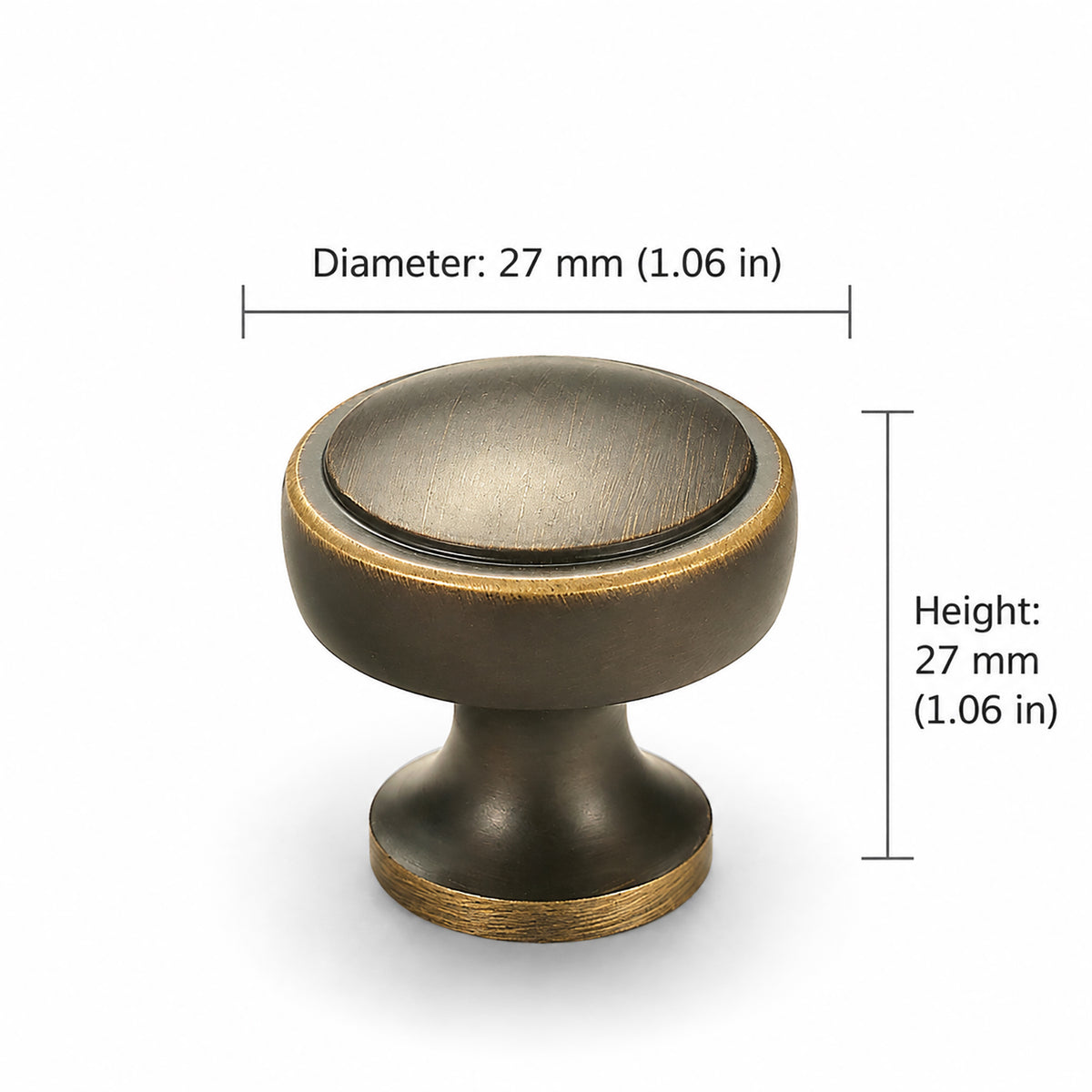 Measurements for recessed round antique bronze brass cabinet knob, style #21.