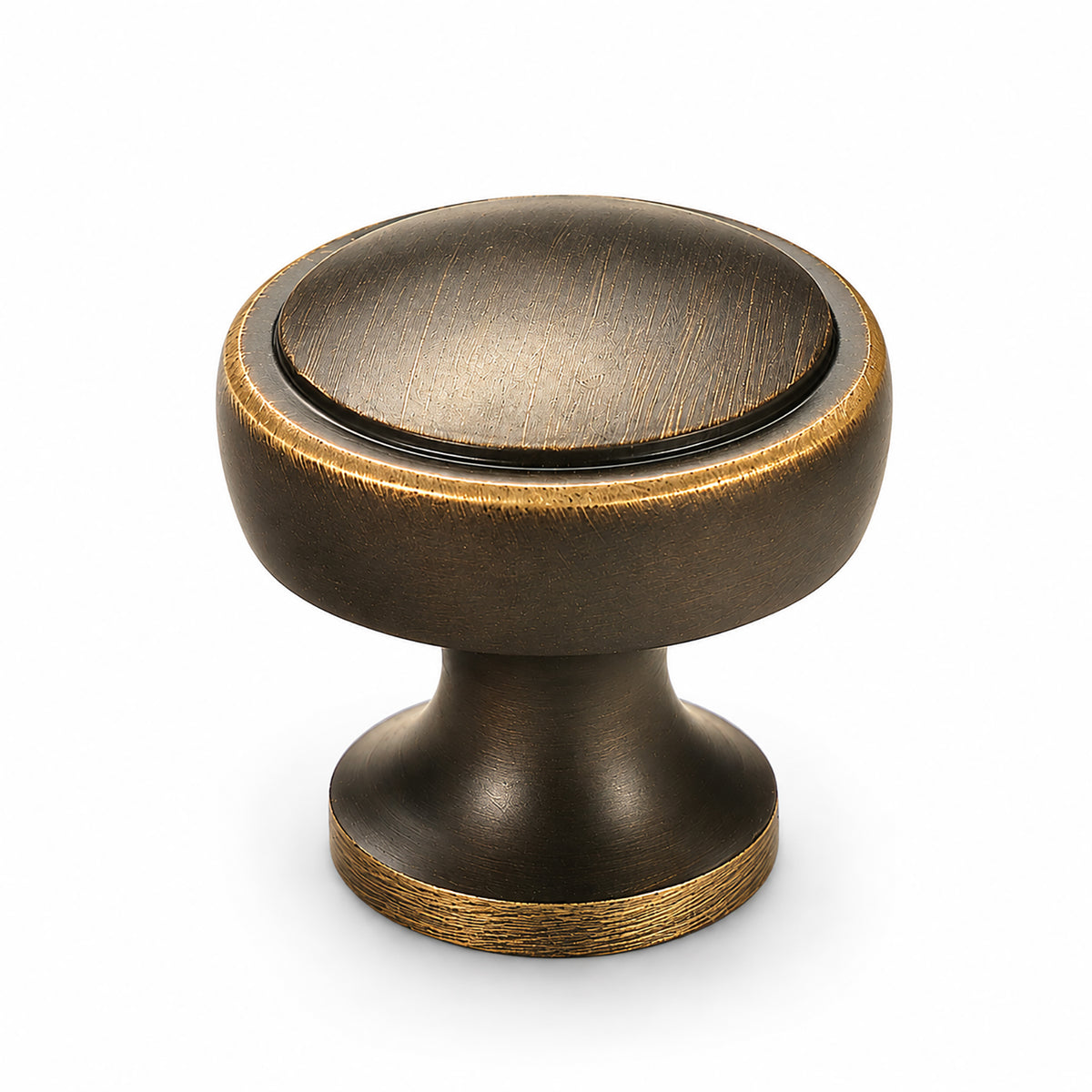 Recessed round antique bronze brass cabinet knob, style #21.