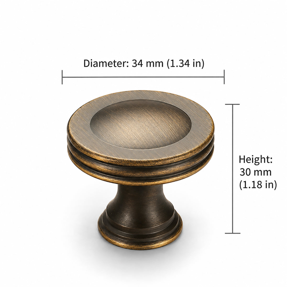 Measurements for ringed concave antique bronze brass cabinet knob, style #22.