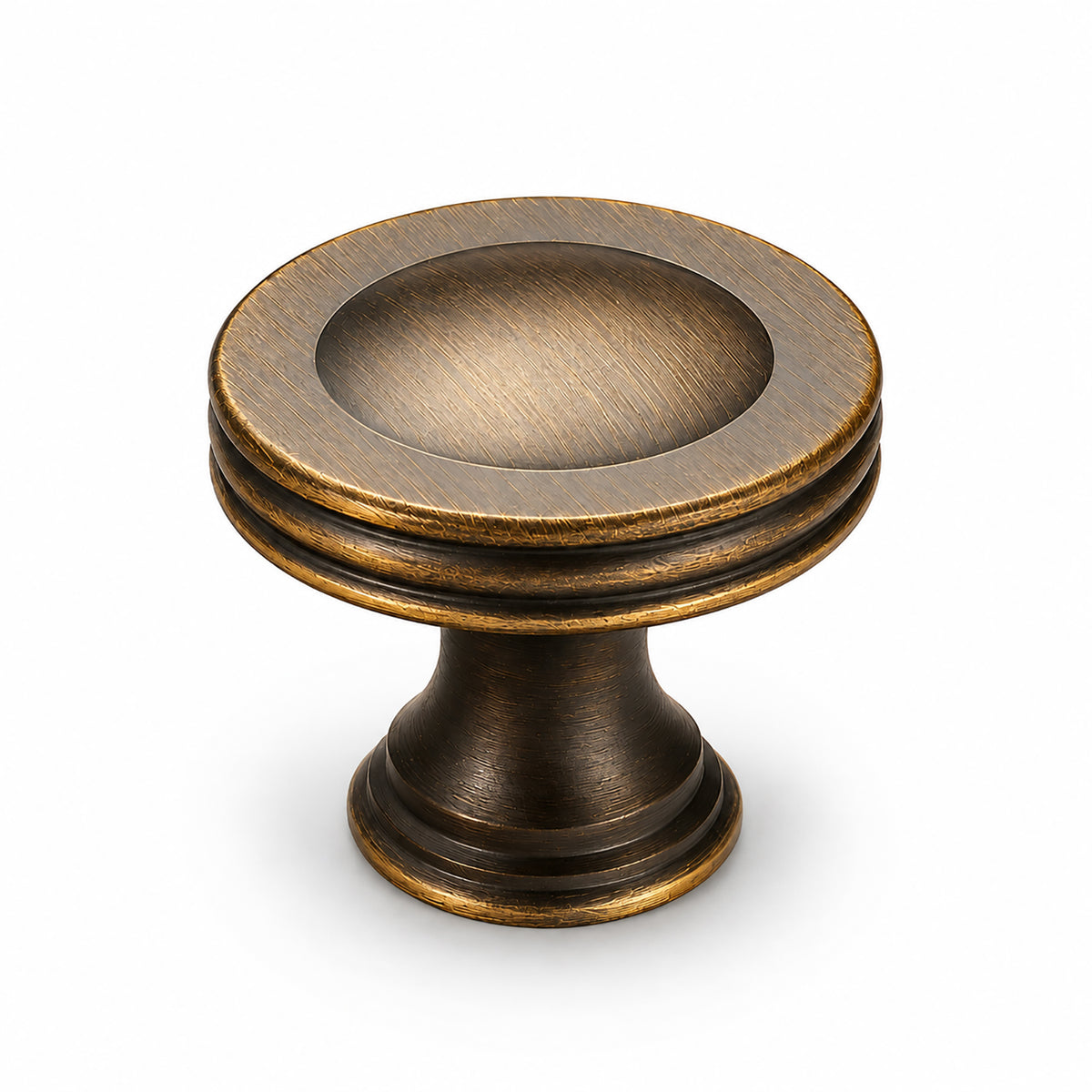Ringed concave antique bronze brass cabinet knob, style #22.
