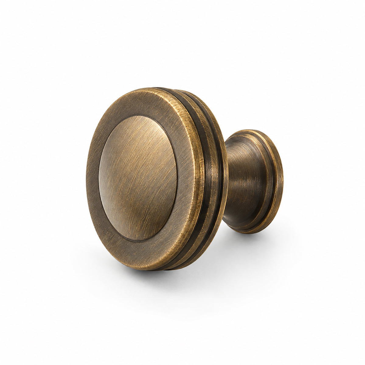 Side and mounting view of ringed concave antique bronze brass cabinet knob, style #22.