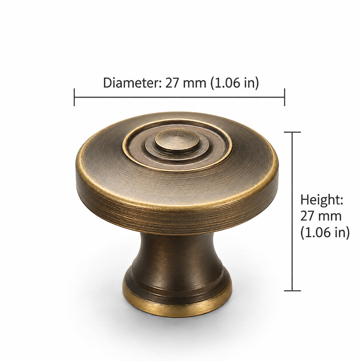 Measurements for concentric-ring antique bronze brass cabinet knob, style #23.