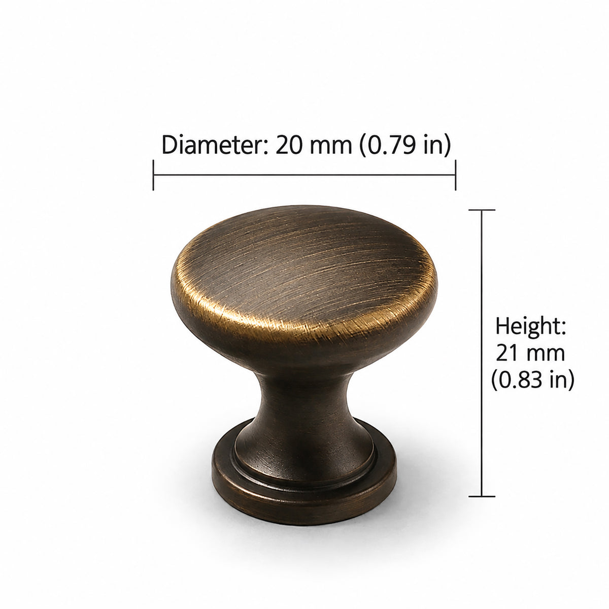 Measurements for bronze-finish solid brass round cabinet knob, style #3 (20 mm).