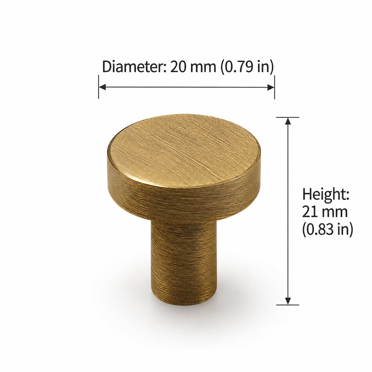 Measurements for flat round brass cabinet knob with brushed bronze finish, style #3 (20 mm option).